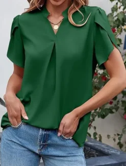 Discount Women's Shirt Blouse Solid Color Basic Casual Short Sleeve Notched Neck Regular Tops Daily Pink Green Summer Women Blouses & Shirts