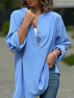Outlet Women's Shirt Blouse Solid Color Basic Casual Long Sleeve Crew Neck Regular Tops Daily Patchwork Buttons Yellow Pink Blue Fall Winter Women Blouses & Shirts