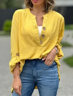 Outlet Women's Shirt Blouse Solid Color Basic Casual Long Sleeve Crew Neck Regular Tops Daily Patchwork Buttons Yellow Pink Blue Fall Winter Women Blouses & Shirts