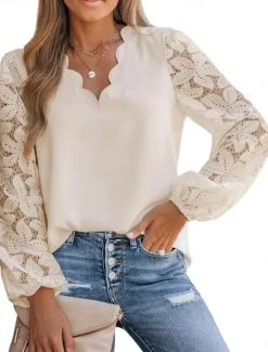 Women's Shirt Blouse Solid Color Basic Casual Long Sleeve V Neck Regular Tops Daily Lace Patchwork Navy Blue Green Beige Summer Spring Women Lace Tops