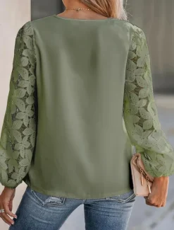 Women's Shirt Blouse Solid Color Basic Casual Long Sleeve V Neck Regular Tops Daily Lace Patchwork Navy Blue Green Beige Summer Spring Women Lace Tops