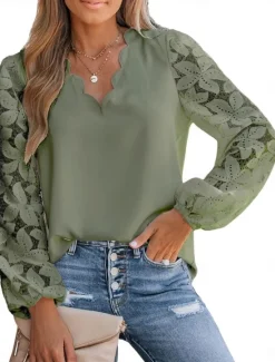 Women's Shirt Blouse Solid Color Basic Casual Long Sleeve V Neck Regular Tops Daily Lace Patchwork Navy Blue Green Beige Summer Spring Women Lace Tops