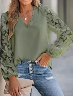 Women's Shirt Blouse Solid Color Basic Casual Long Sleeve V Neck Regular Tops Daily Lace Patchwork Navy Blue Green Beige Summer Spring Women Lace Tops
