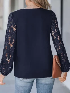 Women's Shirt Blouse Solid Color Basic Casual Long Sleeve V Neck Regular Tops Daily Lace Patchwork Navy Blue Green Beige Summer Spring Women Lace Tops