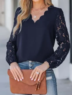 Women's Shirt Blouse Solid Color Basic Casual Long Sleeve V Neck Regular Tops Daily Lace Patchwork Navy Blue Green Beige Summer Spring Women Lace Tops