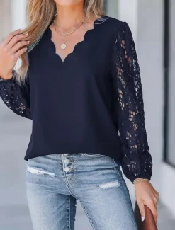 Women's Shirt Blouse Solid Color Basic Casual Long Sleeve V Neck Regular Tops Daily Lace Patchwork Navy Blue Green Beige Summer Spring Women Lace Tops