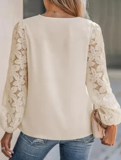 Women's Shirt Blouse Solid Color Basic Casual Long Sleeve V Neck Regular Tops Daily Lace Patchwork Navy Blue Green Beige Summer Spring Women Lace Tops