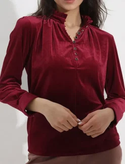Outlet Women's Shirt Blouse Solid Color Casual Long Sleeve V Neck Regular Tops Daily Buttons Black Wine Orange Fall Winter Women Blouses & Shirts