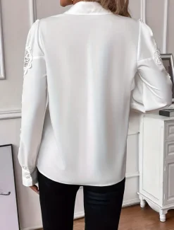 Women's Shirt Blouse Solid Color Basic Casual Long Sleeve V Neck Regular Tops Daily Lace Patchwork Buttons Fall Winter Women Blouses & Shirts