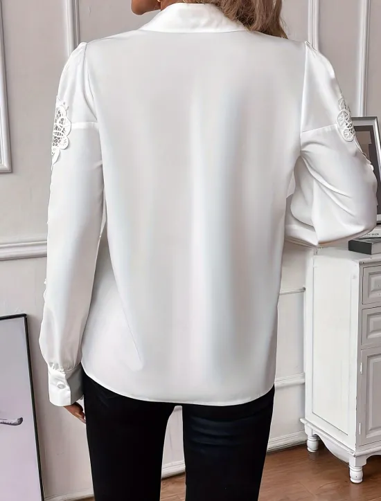Women's Shirt Blouse Solid Color Basic Casual Long Sleeve V Neck Regular Tops Daily Lace Patchwork Buttons Fall Winter Women Blouses & Shirts
