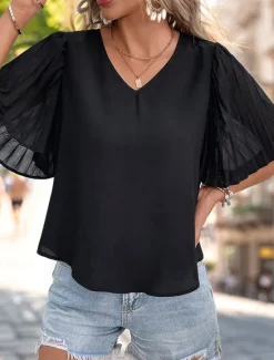 Hot Women's Shirt Blouse Solid Color Elegant Stylish Casual Short Sleeve V Neck Regular Tops Work Daily Holiday Ruched Patchwork Black Navy Blue Summer Spring Fall Women Blouses & Shirts