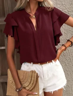Outlet Women's Shirt Blouse Solid Color Stylish Casual Short Sleeve Notched Neck Regular Tops Daily Ruffle Pink Summer Women Blouses & Shirts