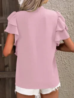 Outlet Women's Shirt Blouse Solid Color Stylish Casual Short Sleeve Notched Neck Regular Tops Daily Ruffle Pink Summer Women Blouses & Shirts