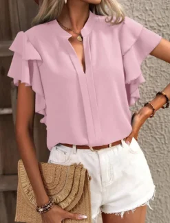 Outlet Women's Shirt Blouse Solid Color Stylish Casual Short Sleeve Notched Neck Regular Tops Daily Ruffle Pink Summer Women Blouses & Shirts