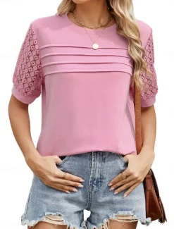 Hot Women's Shirt Blouse Solid Color Stylish Casual Short Sleeve Crew Neck Regular Tops Daily Lace Patchwork Sage Green Black White Pink Sky Blue Summer Spring Women T-Shirts