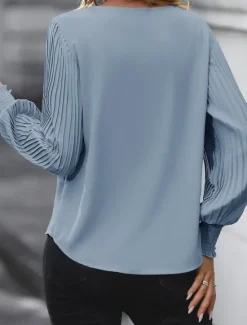 Discount Women's Shirt Blouse Solid Color Basic Casual Long Sleeve V Neck Regular Tops Daily Pink Khaki Light Blue Fall Winter Women Blouses & Shirts