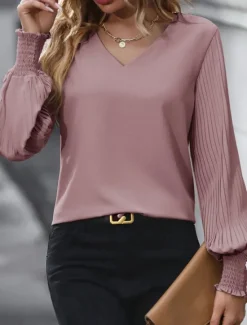 Discount Women's Shirt Blouse Solid Color Basic Casual Long Sleeve V Neck Regular Tops Daily Pink Khaki Light Blue Fall Winter Women Blouses & Shirts