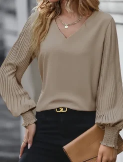Discount Women's Shirt Blouse Solid Color Basic Casual Long Sleeve V Neck Regular Tops Daily Pink Khaki Light Blue Fall Winter Women Blouses & Shirts