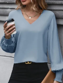 Discount Women's Shirt Blouse Solid Color Basic Casual Long Sleeve V Neck Regular Tops Daily Pink Khaki Light Blue Fall Winter Women Blouses & Shirts