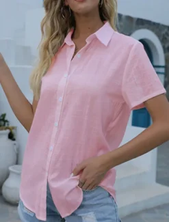 Sale Women's Shirt Blouse Solid Color Daily Stylish Casual Short Sleeve Shirt Collar Regular Tops Daily Linen Like Buttons Black White Pink Gray Summer Spring Women Shirts