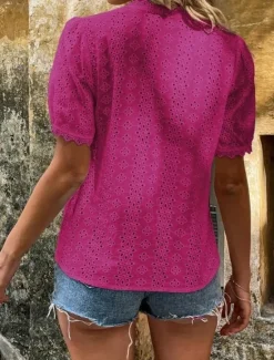 Online Women's Shirt Blouse Solid Color Elegant Daily Stylish Short Sleeve V Neck Regular Tops Work Daily Holiday Lace Hollow Out White Yellow Green Rose Pink Summer Spring Women Lace Tops
