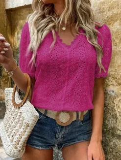 Online Women's Shirt Blouse Solid Color Elegant Daily Stylish Short Sleeve V Neck Regular Tops Work Daily Holiday Lace Hollow Out White Yellow Green Rose Pink Summer Spring Women Lace Tops