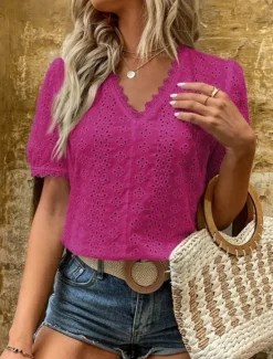 Online Women's Shirt Blouse Solid Color Elegant Daily Stylish Short Sleeve V Neck Regular Tops Work Daily Holiday Lace Hollow Out White Yellow Green Rose Pink Summer Spring Women Lace Tops