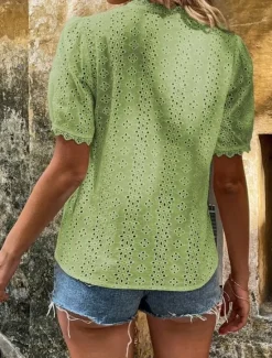 Online Women's Shirt Blouse Solid Color Elegant Daily Stylish Short Sleeve V Neck Regular Tops Work Daily Holiday Lace Hollow Out White Yellow Green Rose Pink Summer Spring Women Lace Tops