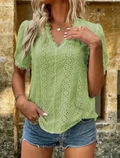 Online Women's Shirt Blouse Solid Color Elegant Daily Stylish Short Sleeve V Neck Regular Tops Work Daily Holiday Lace Hollow Out White Yellow Green Rose Pink Summer Spring Women Lace Tops