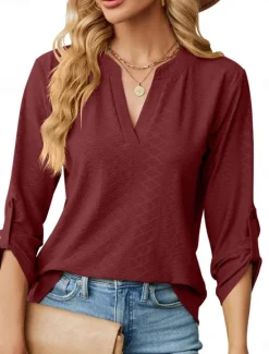 Discount Women's Shirt Blouse Solid Color Basic Casual Long Sleeve Notched Neck Regular Tops Daily Pink Wine Green Summer Spring Women Blouses & Shirts