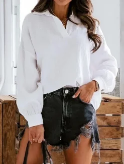 Sale Women's Shirt Blouse Solid Color Basic Casual Long Sleeve Notched Neck Regular Tops Daily Black White Summer Spring Fall Women Shirts
