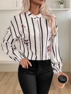 New Women's Shirt Blouse Striped Casual Long Sleeve Shirt Collar Regular Tops Daily Buttons Print Fall Winter Women Blouses & Shirts