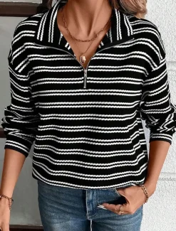 Best Women's Shirt Blouse Striped Casual Long Sleeve Shirt Collar Regular Tops Daily Zipper Print Fall Winter Women Hoodies & Sweatshirts