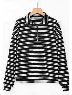 Best Women's Shirt Blouse Striped Casual Long Sleeve Shirt Collar Regular Tops Daily Zipper Print Fall Winter Women Hoodies & Sweatshirts