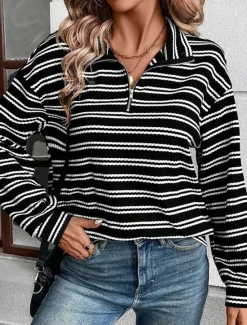Best Women's Shirt Blouse Striped Casual Long Sleeve Shirt Collar Regular Tops Daily Zipper Print Fall Winter Women Hoodies & Sweatshirts
