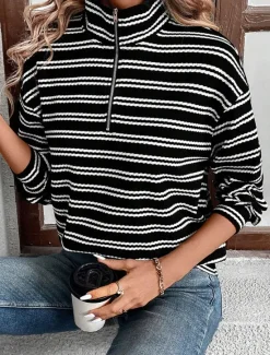 Best Women's Shirt Blouse Striped Casual Long Sleeve Shirt Collar Regular Tops Daily Zipper Print Fall Winter Women Hoodies & Sweatshirts