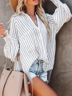 Outlet Women's Shirt Blouse Striped Stylish Casual Long Sleeve Shirt Collar Regular Tops Daily Pocket Print White Orange Summer Spring Women Blouses & Shirts