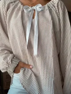 Online Women's Shirt Blouse Striped Basic Casual Long Sleeve Crew Neck Regular Tops Daily Print Pink Khaki Light Blue Spring & Fall Women Blouses & Shirts