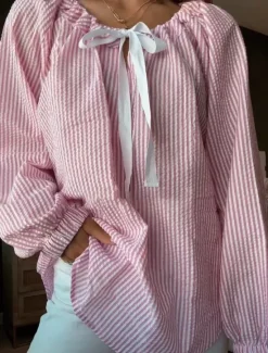 Online Women's Shirt Blouse Striped Basic Casual Long Sleeve Crew Neck Regular Tops Daily Print Pink Khaki Light Blue Spring & Fall Women Blouses & Shirts