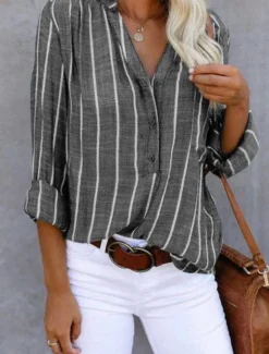 New Women's Shirt Blouse Striped Stylish Casual Long Sleeve Shirt Collar Regular Tops Daily Buttons Print White Khaki Gray Summer Spring Women Blouses & Shirts
