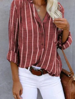 New Women's Shirt Blouse Striped Stylish Casual Long Sleeve Shirt Collar Regular Tops Daily Buttons Print White Khaki Gray Summer Spring Women Blouses & Shirts