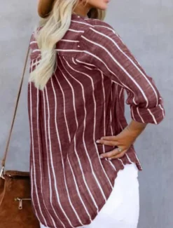 New Women's Shirt Blouse Striped Stylish Casual Long Sleeve Shirt Collar Regular Tops Daily Buttons Print White Khaki Gray Summer Spring Women Blouses & Shirts