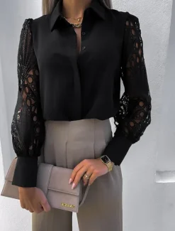 Best Women's Shirt Blouse White Eyelet Tops Black White Plain Lace Button Long Sleeve Daily Weekend Streetwear Casual Shirt Collar Regular S Women Blouses & Shirts