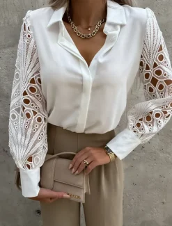 Best Women's Shirt Blouse White Eyelet Tops Black White Plain Lace Button Long Sleeve Daily Weekend Streetwear Casual Shirt Collar Regular S Women Blouses & Shirts