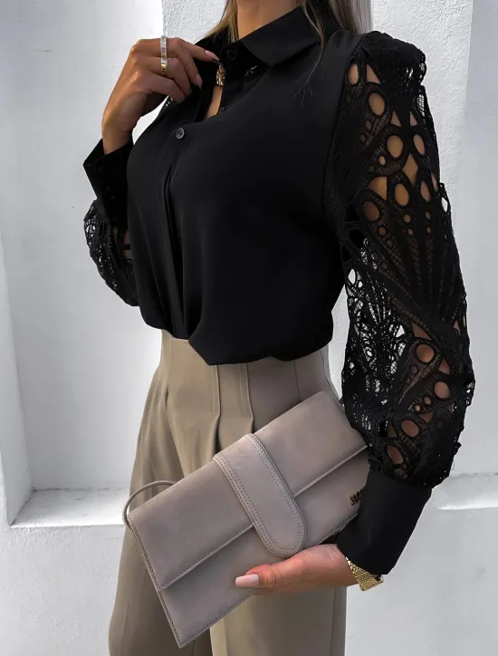 Best Women's Shirt Blouse White Eyelet Tops Black White Plain Lace Button Long Sleeve Daily Weekend Streetwear Casual Shirt Collar Regular S Women Blouses & Shirts