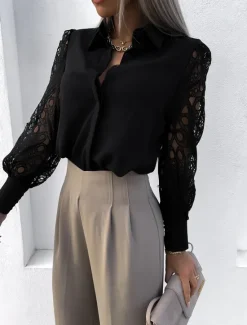 Best Women's Shirt Blouse White Eyelet Tops Black White Plain Lace Button Long Sleeve Daily Weekend Streetwear Casual Shirt Collar Regular S Women Blouses & Shirts