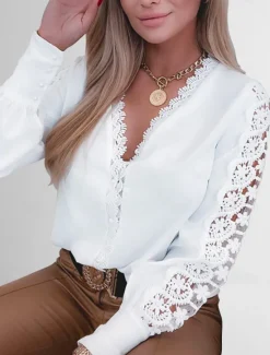 Clearance Women's Shirt Blouse Eyelet Tops Black Pink Plain Lace Cut Out Long Sleeve Work Daily Business Elegant Casual V Neck Regular S Women Lace Tops
