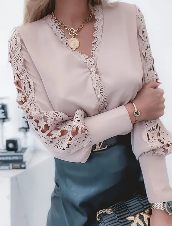 Clearance Women's Shirt Blouse Eyelet Tops Black Pink Plain Lace Cut Out Long Sleeve Work Daily Business Elegant Casual V Neck Regular S Women Lace Tops
