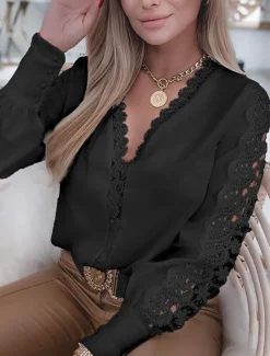 Clearance Women's Shirt Blouse Eyelet Tops Black Pink Plain Lace Cut Out Long Sleeve Work Daily Business Elegant Casual V Neck Regular S Women Lace Tops