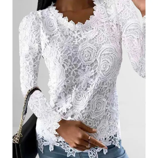 Outlet Women's Shirt Blouse White Eyelet Tops Black White Pink Plain Lace Long Sleeve Work Streetwear Casual Round Neck Regular Floral S Women Lace Tops